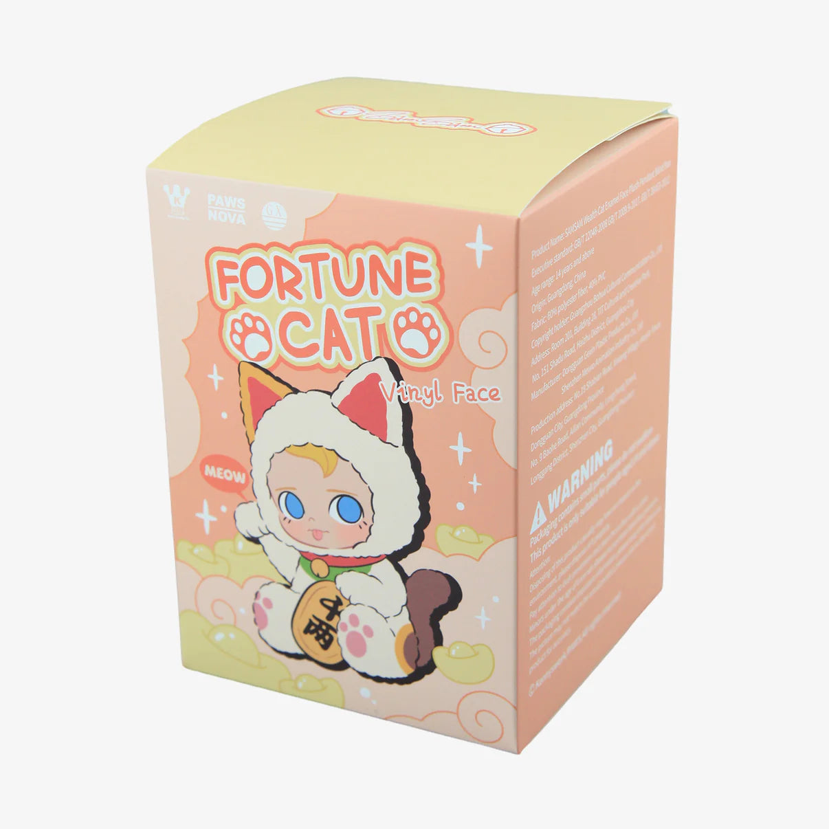 SAMSAM FORTUNE CAT PLUSH Blind Box featuring a chibi figure in a cat costume, part of a 6-design series by PAWS NOVA.
