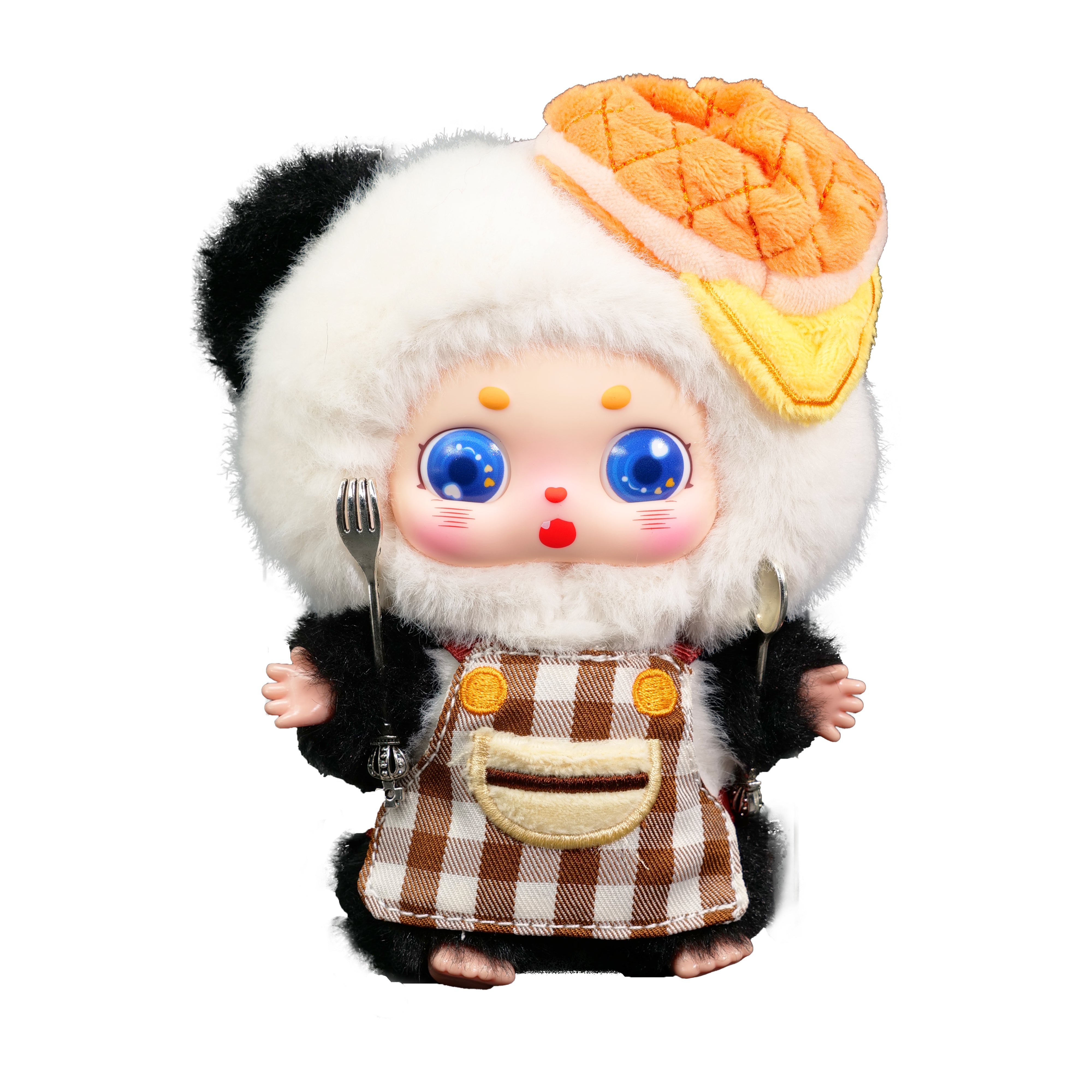 Baby Three - Little Fatty plush in a black-and-white outfit, quilted hat, and gingham apron, holding a fork and spoon, showcasing whimsical kitchen theme.
