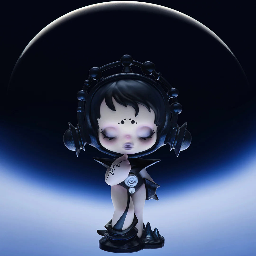 A cartoon figurine girl with headphones from SKULLPANDA The Sound Blind Box Series.