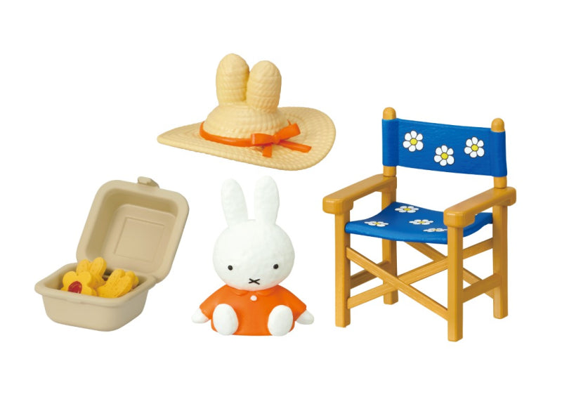 Picnic with Miffy Re-ment Blind Box Series featuring a white rabbit doll and a blue-yellow chair, part of a six-design collectible toy set.