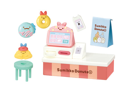 Freshly Fried Sumikko Donuts Re-ment Blind Box Series features a mini donut shop play-set with toy register, stool, carry-out bag, and cute character donuts.