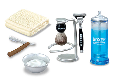 DOBER'S BARBER SHOP Re-ment Blind Box Series featuring a shaving set with a brush, bowl, and blue bottle, ideal for collectible enthusiasts.