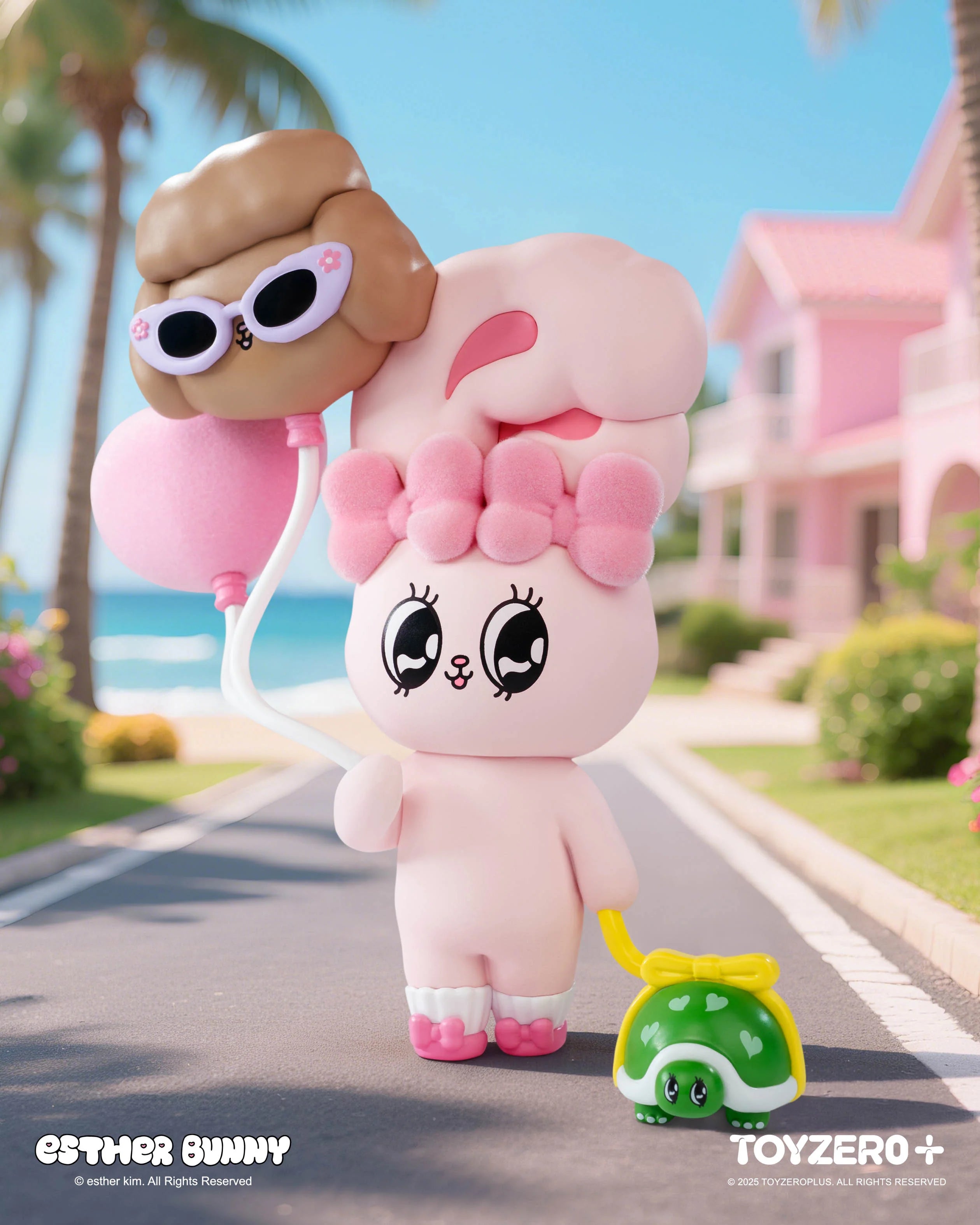 Esther Bunny Holiday Vibe Series Blind Box preorder features a pastel-pink bunny holding balloons and pulling a turtle toy, set against a beach backdrop.