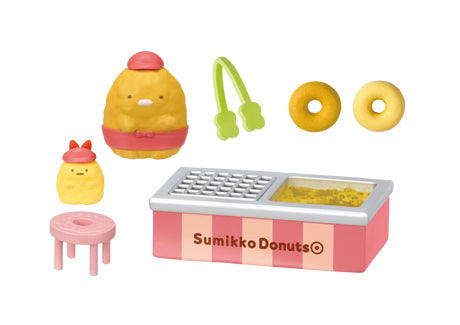 Freshly Fried Sumikko Donuts Re-ment Blind Box Series featuring a miniature donut fryer, toy donuts, tongs, and Sumikko Gurashi figures in a playful setup.