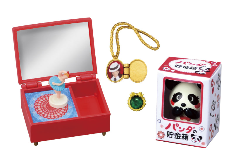 Showa Retro Memories My Room Re-ment Blind Box Series features a jewelry box, gold locket, and panda coin bank, evoking nostalgic charm.