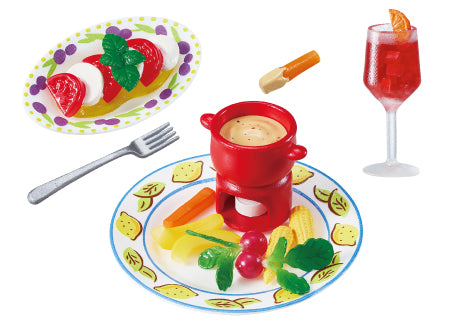 Toy fondue set from Small Street Corner Trattoria Re-ment Blind Box Series, featuring a fondue pot, dipping items, Caprese salad, and a red drink.
