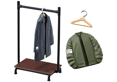 SNOOPY URBAN SELECT SHOP Re-ment Blind Box Series featuring a coat hanger with a green jacket; part of an 8-design collectible set.