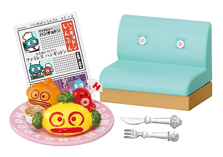 Family Restaurant Hangyodon Re-ment Blind Box Series featuring a miniature diorama with a booth, stylized omurice plate, utensils, and a Japanese menu prop.