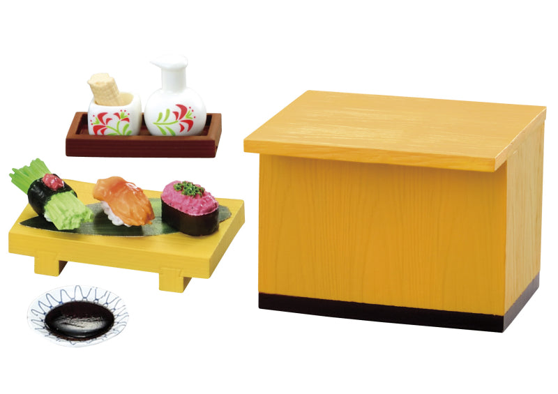 Wait for me! Downtown's human sushi Re-ment Blind Box Series featuring a sushi tray and sauce, part of an 8-design collection from Strangecat Toys.