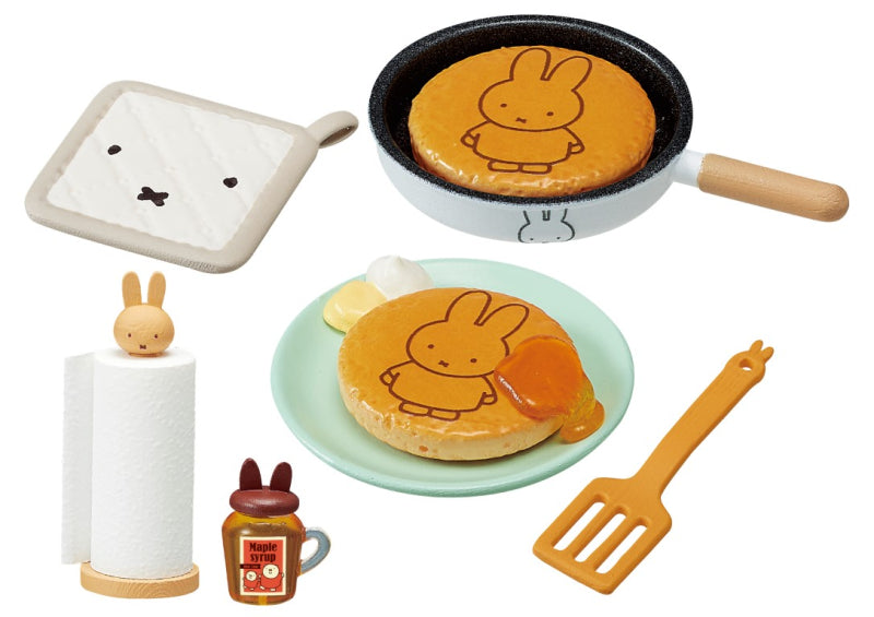 Miffy Natural Kitchen Re-ment Blind Box Series: Miniature cooking playset featuring Miffy-themed frying pan, spatula, potholder, toy pancakes, syrup jug, and paper towel stand.