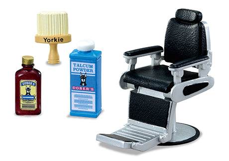 DOBER'S BARBER SHOP Re-ment Blind Box Series featuring a close-up of a black and silver chair, bottle with horse cartoon, and blue box with dog image.