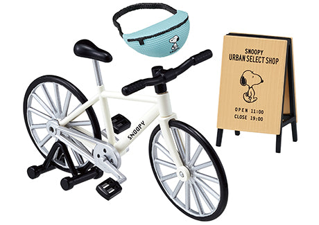 SNOOPY URBAN SELECT SHOP Re-ment Blind Box Series toy bicycle with sign, showcasing one of the 8 collectible designs.