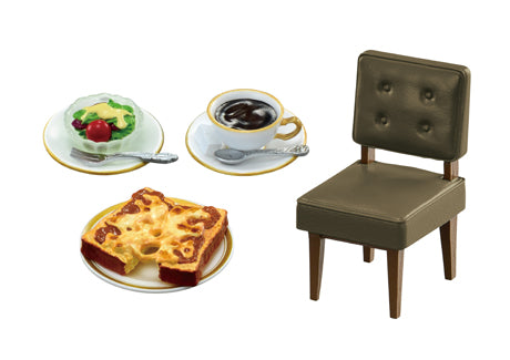 Marufuku Coffee Shop Re-ment Blind Box Series showcasing salad, coffee, cheese toast, and chair, reflecting the diverse designs in this collectible art toy set.