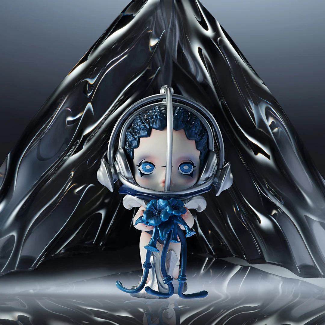 A SKULLPANDA The Sound Blind Box Series figurine, featuring a toy figure with a metal helmet holding flowers, standing in front of a pyramid.