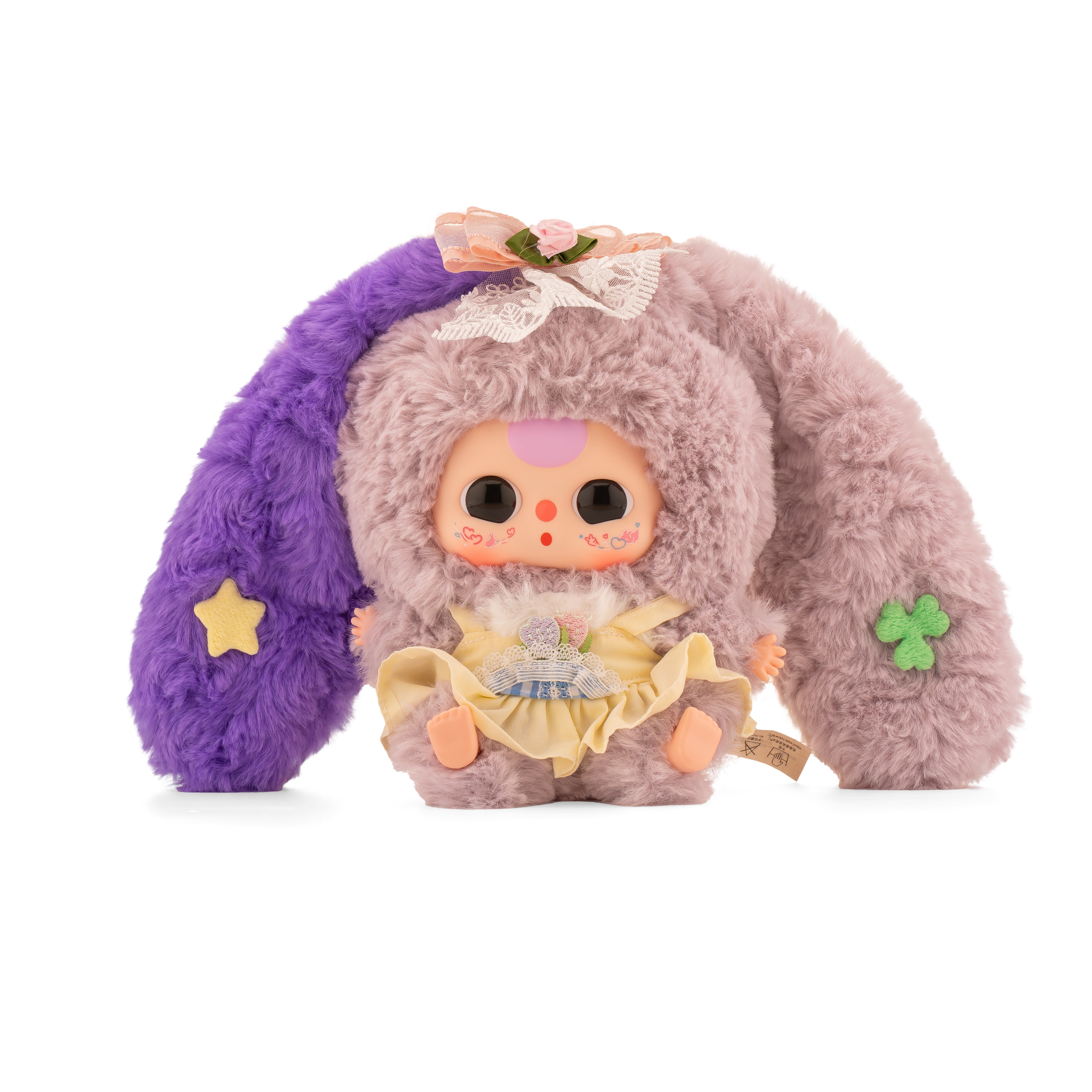 Baby Three - Lily Rabbit Town 4: A kawaii doll-plush hybrid in a bunny costume with floral cheeks, pastel ears, and a lace-trimmed dress, available for preorder.