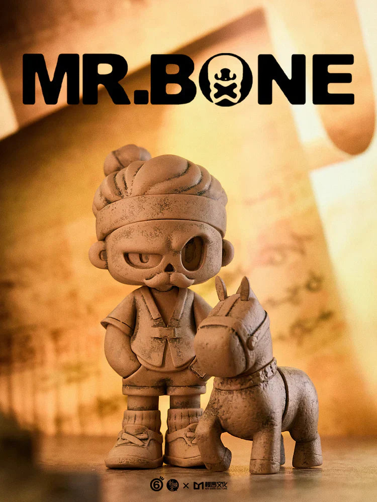 Mr.Bone Terracotta Warriors figure with skull mask, bandana, and companion. Preorder includes one random 8cm figure in blind box with collector ID card.