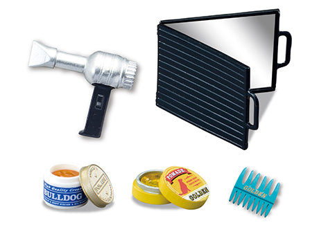 DOBER'S BARBER SHOP Re-ment Blind Box Series featuring a close-up of a toy hammer, part of an 8-design collectible set.