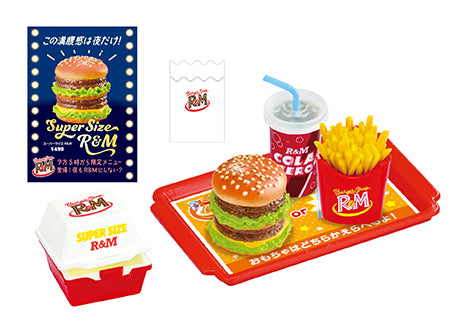 Burger Shop R&M Re-ment Blind Box Series featuring a tray with a hamburger, fries in a red container, and a drink.