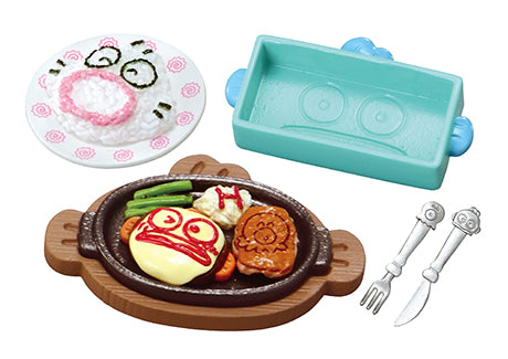 Family Restaurant Hangyodon Re-ment Blind Box Series features a toy meal set with character-themed food pieces, including a face-decorated rice plate, and toy utensils.