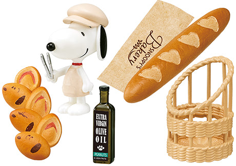 SNOOPY'S BAKERY Re-ment Blind Box Series featuring a long loaf, buns with drawn faces, and a basket, all part of the 8-design collection.