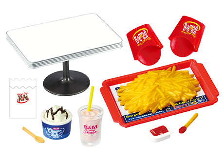 Burger Shop R&M Re-ment Blind Box Series featuring fast food items including fries, a drink, ice cream, and a red can.