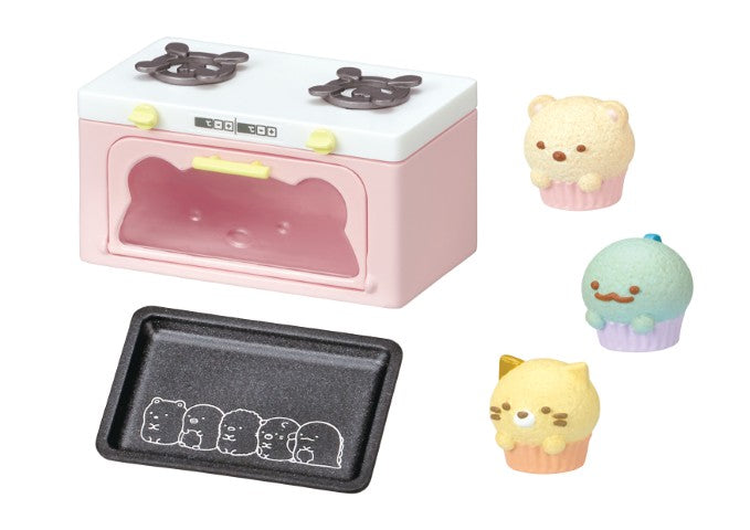 Sumikkogurashi Sweets Cooking Together Re-ment Blind Box Series features a toy stove, baking tray, and three animal-shaped cupcake figures.