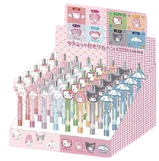 Gel Pen with Mascot Sanrio Characters in pastel hues, each topped with a rubber Sanrio figure, displayed on a pink gingham rack at Strangecat Toys.