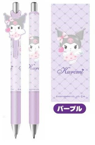 Gel Pen with Mascot Sanrio Characters set featuring two lilac ballpoint pens with Kuromi charms and a matching mini memo pad.