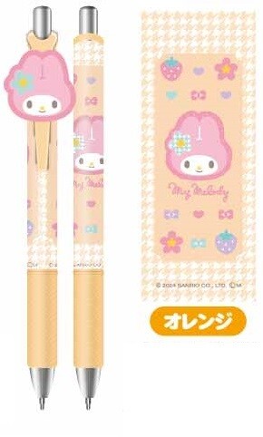 Gel Pen with Mascot Sanrio Characters featuring pastel-orange mechanical pencils adorned with My Melody motifs, including rabbit heads, bows, flowers, and strawberries.
