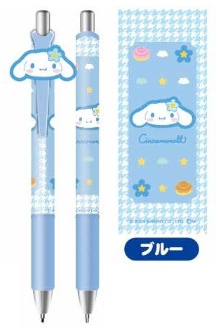 Gel Pen with Mascot Sanrio Characters featuring Cinnamoroll head topper and houndstooth-patterned barrel, includes a matching mini notepad sheet, ships randomly.