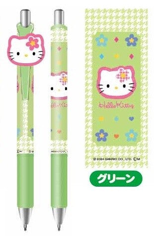 Gel Pen with Mascot Sanrio Characters featuring Hello Kitty-themed retractable pens with head charms and matching floral/houndstooth sleeve, highlighting a unique blind box experience.