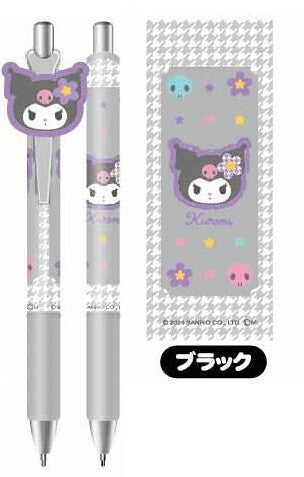 Gel Pen with Mascot Sanrio Characters featuring gray barrels with Kuromi clip topper, houndstooth pattern, and multicolored motifs, alongside matching decorative sleeve.