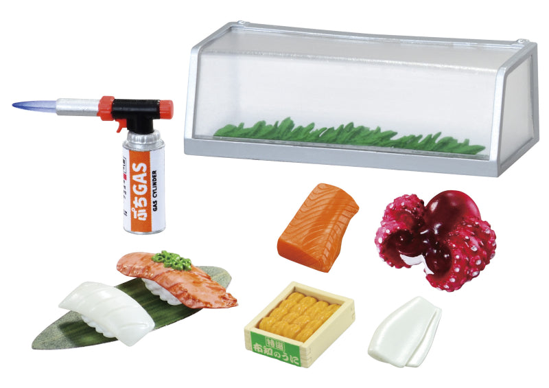 Wait for me! Downtown's human sushi Re-ment Blind Box Series close-up, showcasing intricate toy designs resembling sushi, part of an 8-design set.