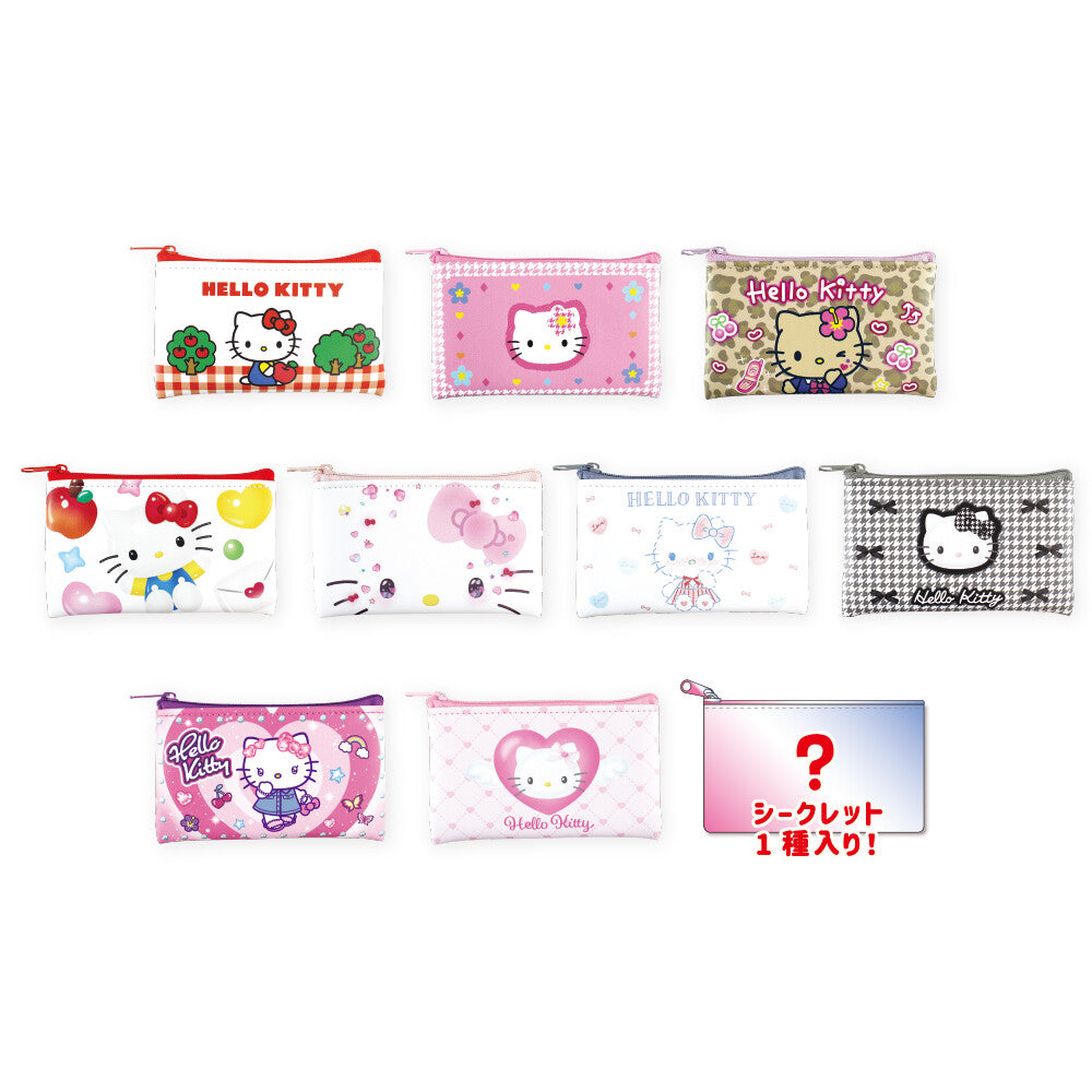 Secret Flat Mini Pouche Hello Kitty lineup with nine distinct designs and one mystery pouch, featuring motifs like flowers, hearts, and leopard print, all with top zippers.