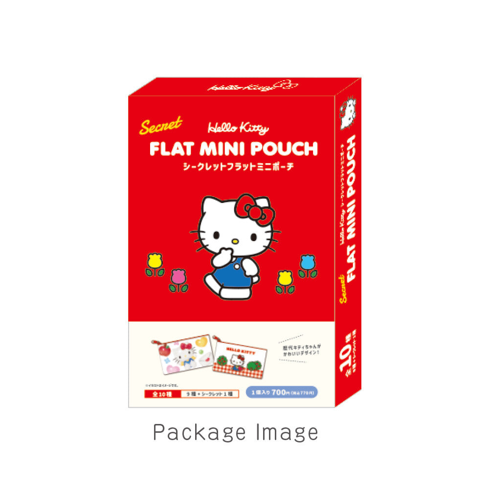 Secret Hello Kitty Flat Mini Pouches package, red blind-box style, shows Hello Kitty and tulips, with previews of two possible pouches from a 10-design set.