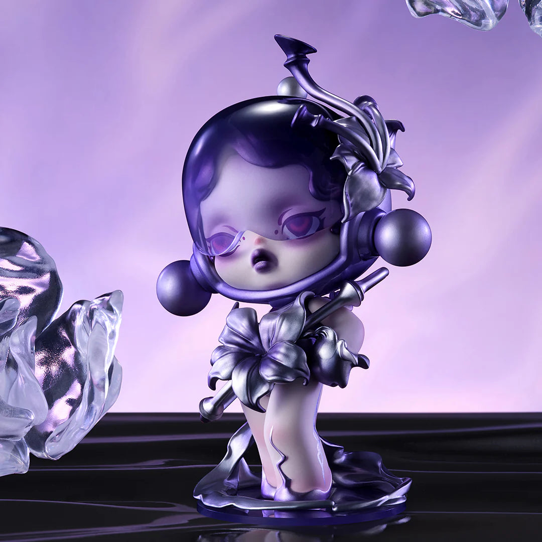 Alt text: SKULLPANDA The Sound Blind Box Series featuring a cartoon girl sculpture from a collection of 12 designs and 1 secret.