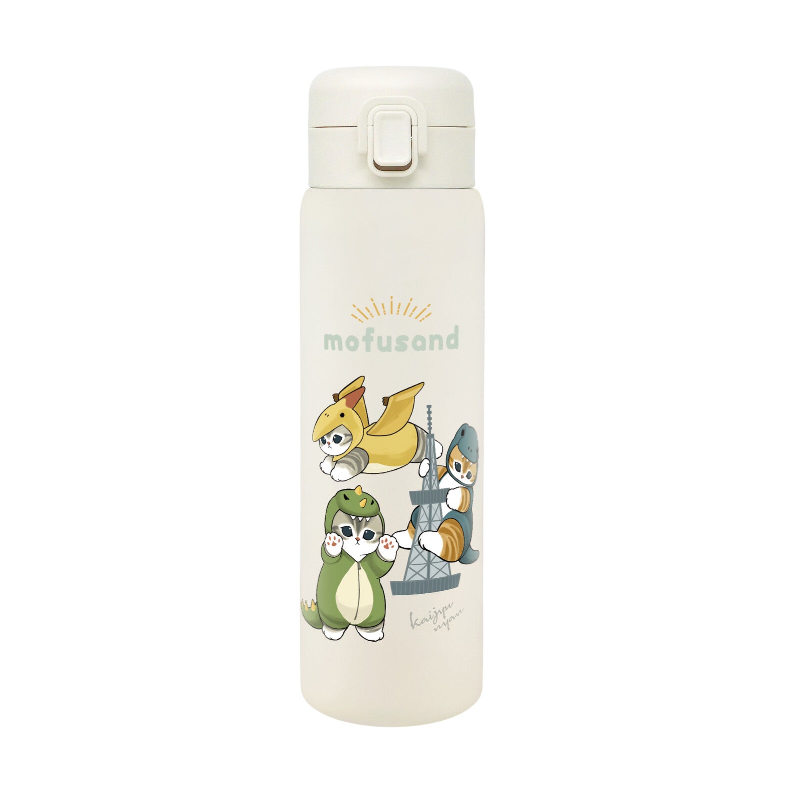 Mofusand Water Bottle featuring cartoon cats in dinosaur outfits; slim, travel-friendly design with a flip-top lid and secure U-lock mechanism for temperature retention.