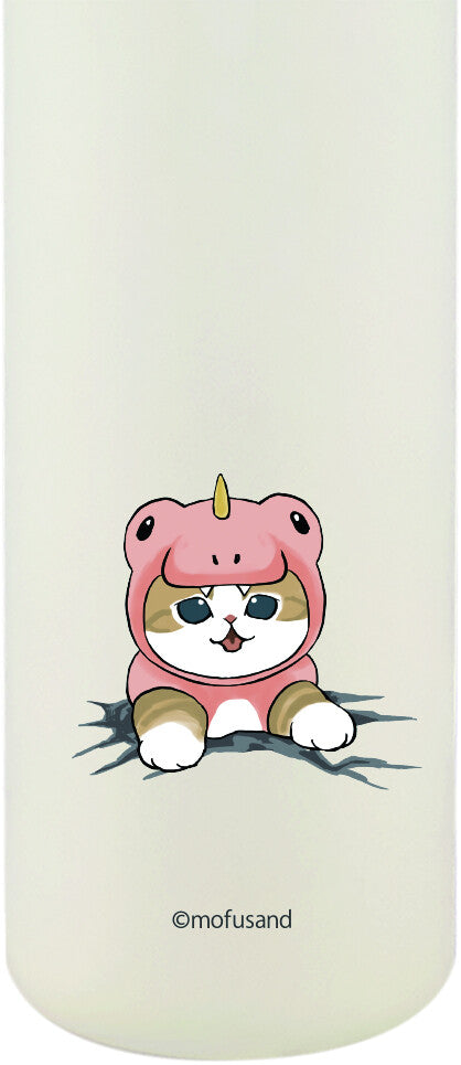 Cartoon-style Mofusand Water Bottle with cat in pink dinosaur hood emerging from ground, featuring upgraded U-shaped locking lid and stainless steel body.