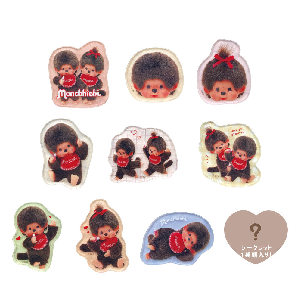 Monchhichi 10-pc Sticker Pack featuring die-cut Monchhichi characters in playful poses and a mystery design, celebrating the iconic 1974 Sekiguchi creation.