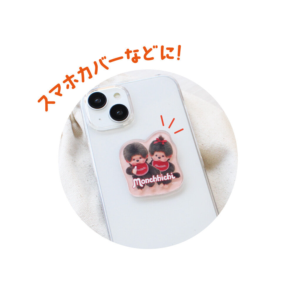 Monchhichi 10-pc Sticker Pack with two characters on an iPhone grip, promoting playful customization for smartphone cases.