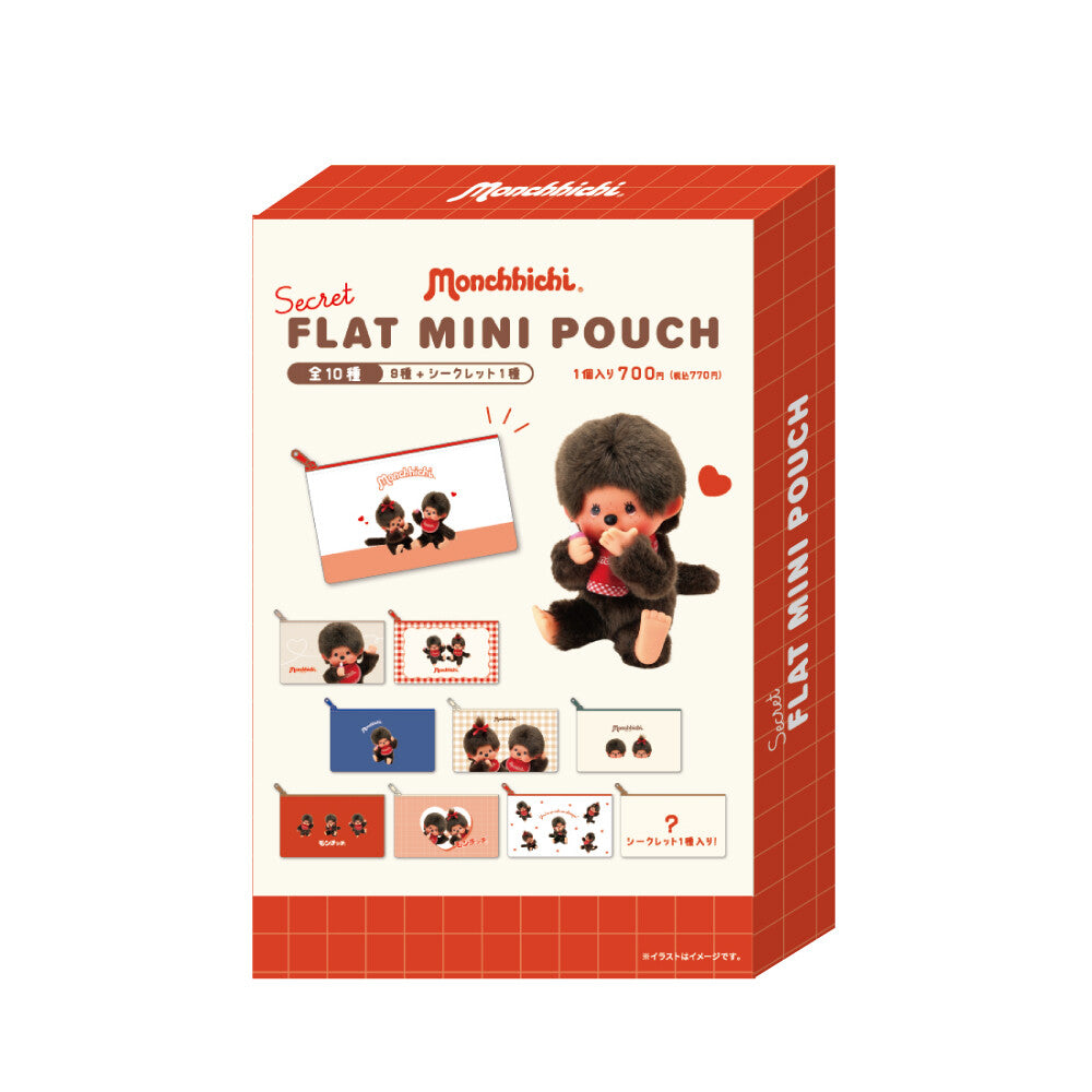 Monchhichi Pouch Blind Box ad featuring Monchhichi mascot, 10 collectible pouch designs, and pricing. Part of Strangecat Toys' art toy collection.