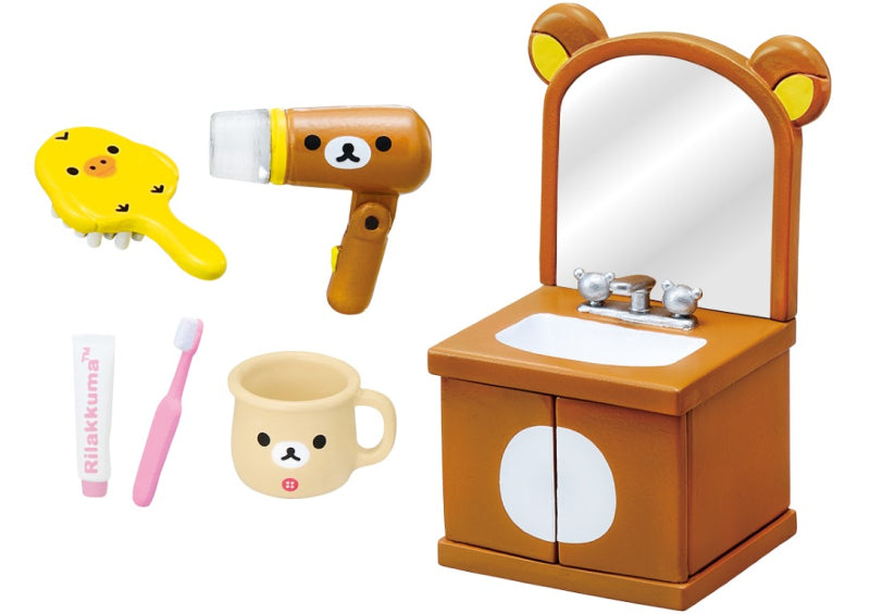 Rilakkuma-themed bathroom toy set with a sink, mirror, hair dryer, and brush from the Feel Refreshed series by Re-ment, available at Strangecat Toys.