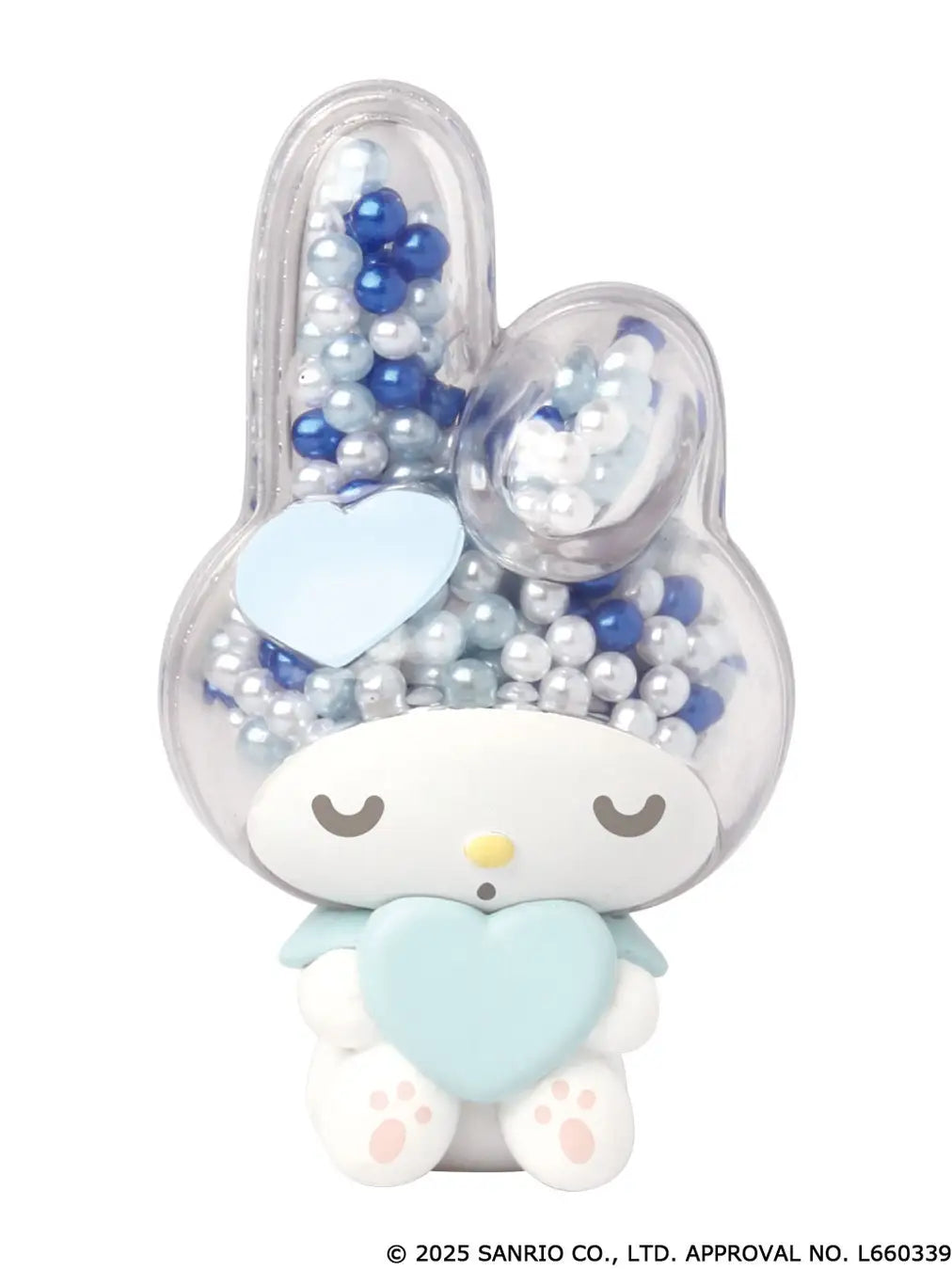 My Melody transparent sparkling mascot Gacha Series: Sanrio-licensed bunny with translucent bead-filled head, hugging a pale-blue heart. Collectible stress-toy from Strangecat Toys.