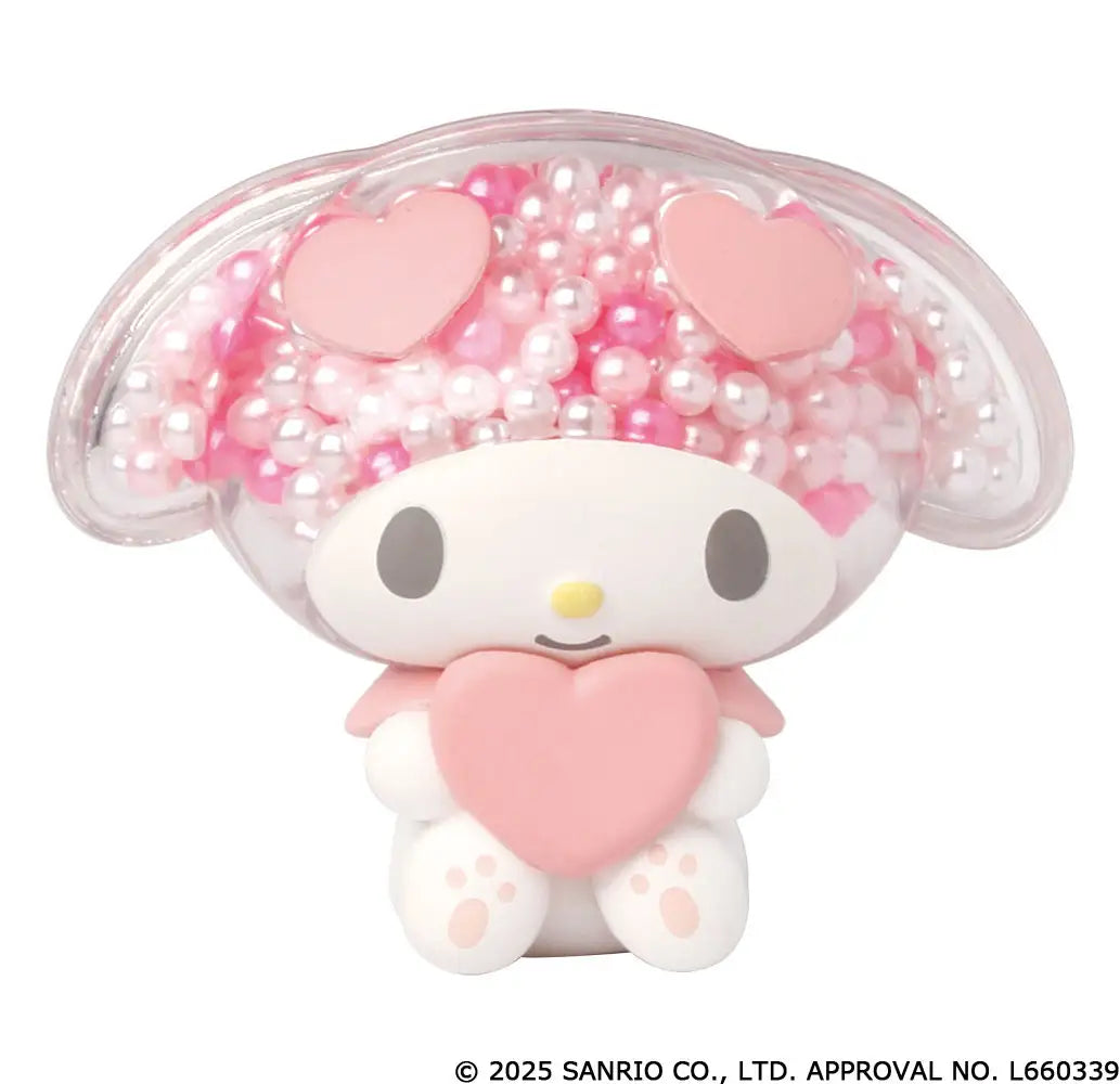 My Melody transparent sparkling mascot Gacha Series figure holding a pink heart, featuring clear hood with pink and white beads, two heart shapes atop.