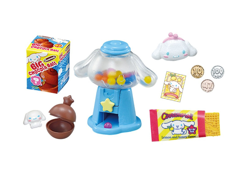 Cinnamoroll Market Re-ment Blind Box Series features a pastel-blue dispenser, puppy figures, candy-bar wrapper, trading card, and play coins.