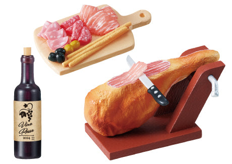 Charcuterie spread with ham, cold cuts, and wine, part of the Small street corner trattoria Re-ment Blind Box Series at Strangecat Toys.