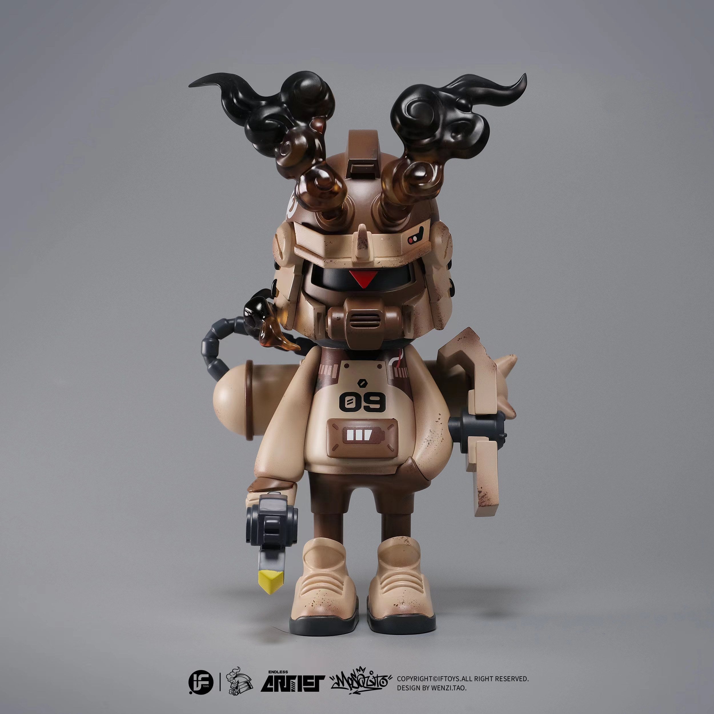 A blind box and art toy store presents ENDLESS SERIES -- Scorpion Force 09 By Wenzi.Tao, a 6.1 toy robot with horns and a mask. Limited edition resin figurine.