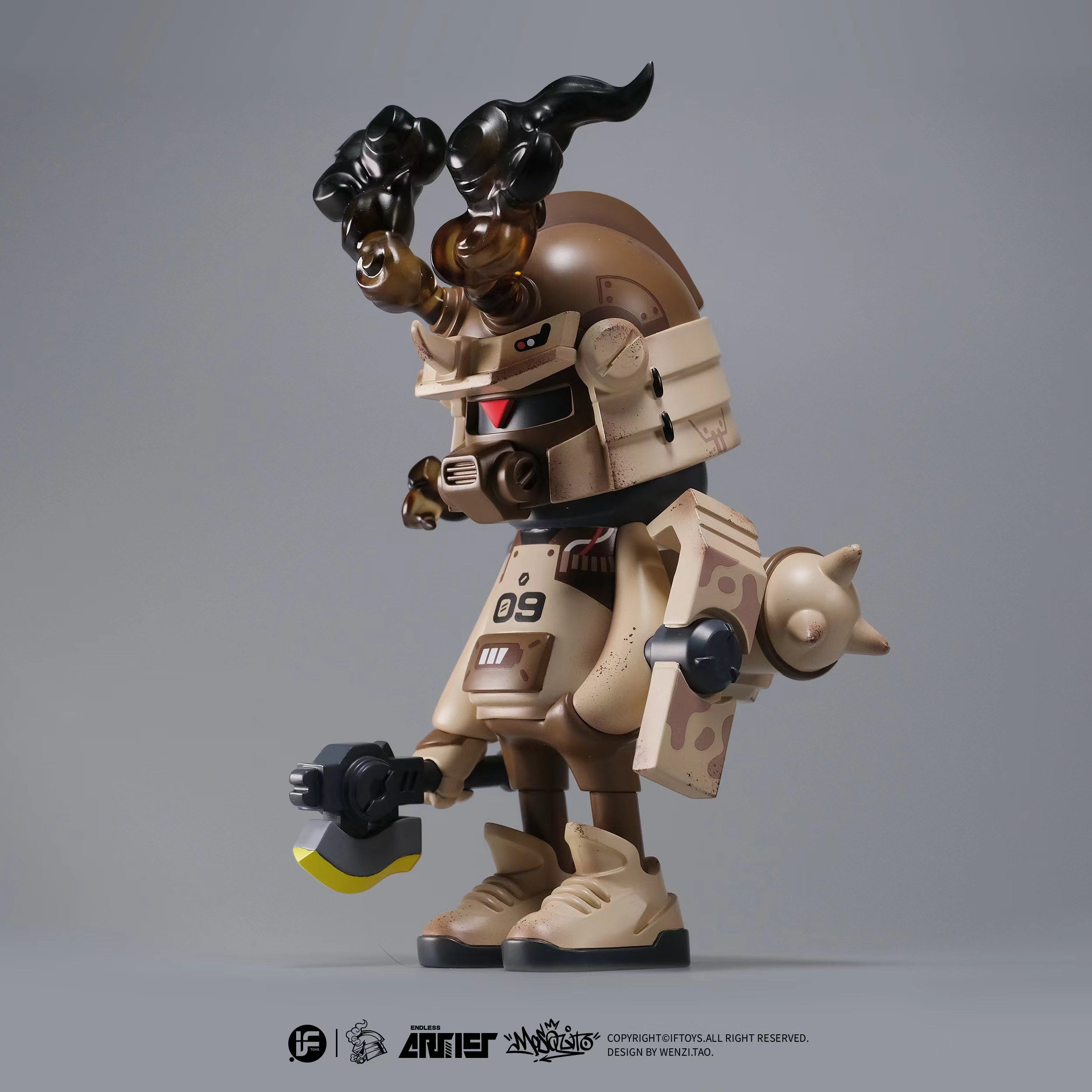 A 6.1-inch tall toy robot figurine titled ENDLESS SERIES -- Scorpion Force 09 By Wenzi.Tao. Limited edition of 198, made of PU Resin. Characteristic of Strangecat Toys' blind box and art toy store.