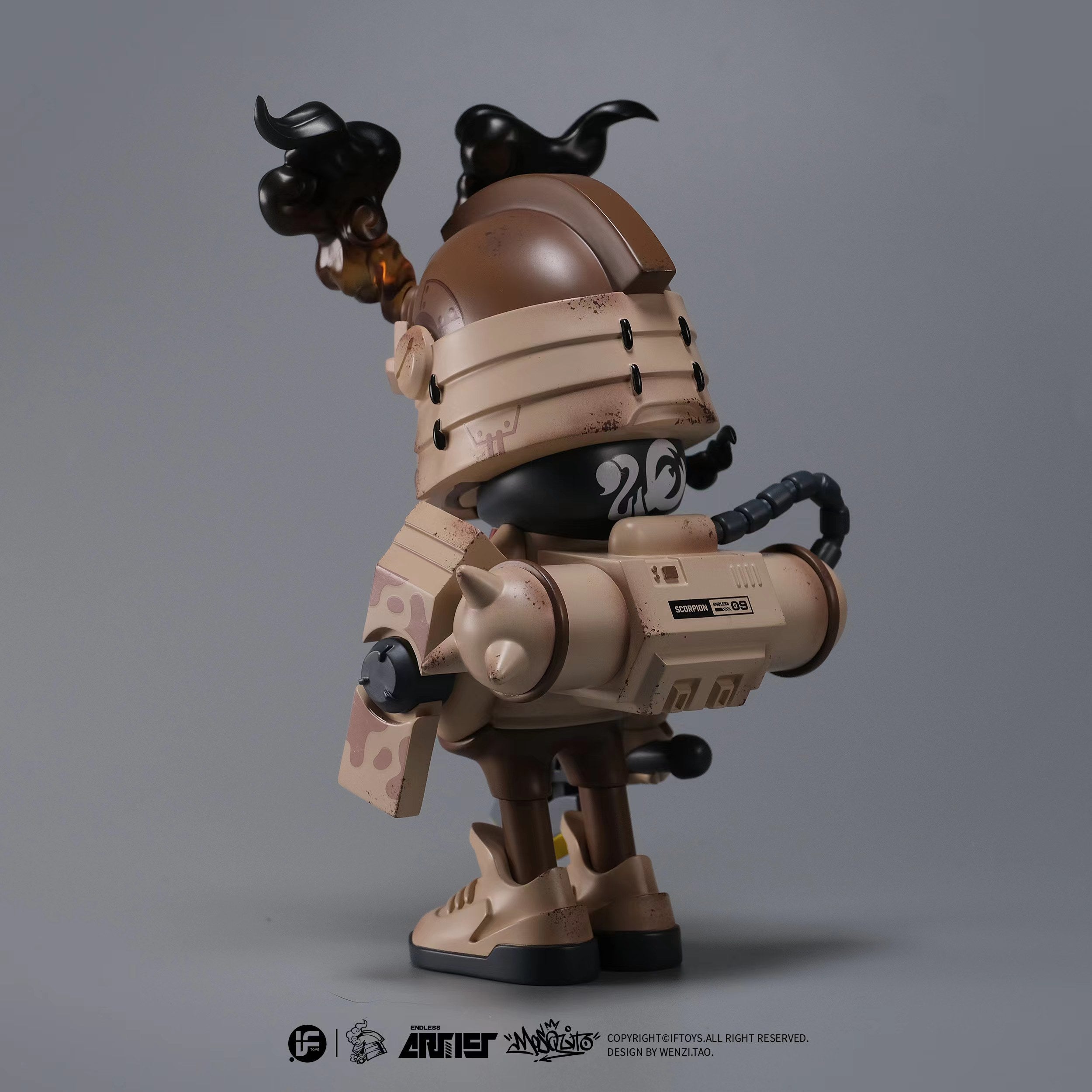 A blind box and art toy store presents ENDLESS SERIES -- Scorpion Force 09 By Wenzi.Tao: a 6.1 figurine of a robot with a gun, limited to 198, made of PU Resin.