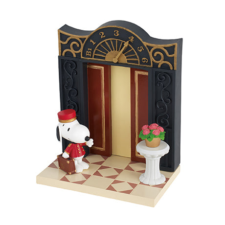 SNOOPY's Door Story Re-ment Blind Box Series toy figurine of a dog standing before a clock, part of a collectible set of six designs.